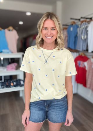Butter Yellow & Blue Polka Dot Boxy Tee