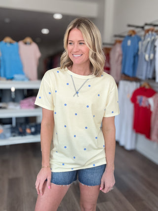 Butter Yellow & Blue Polka Dot Boxy Tee