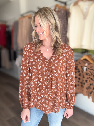 Autumn Love Brown Floral Long Sleeved Blouse