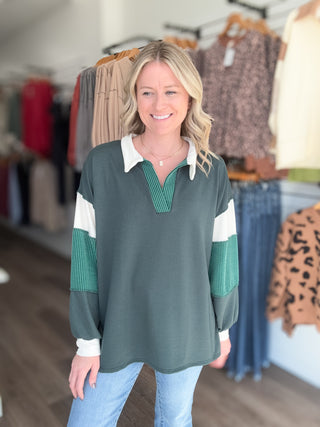 Hunter Green Striped V Neck Long Sleeved Pullover