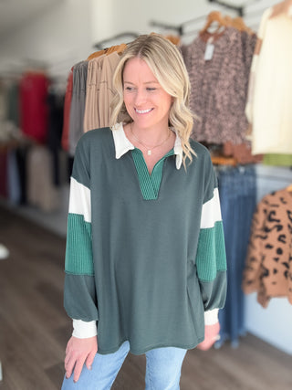 Hunter Green Striped V Neck Long Sleeved Pullover
