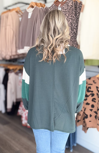 Hunter Green Striped V Neck Long Sleeved Pullover