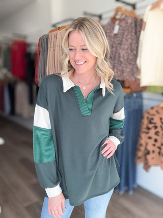 Hunter Green Striped V Neck Long Sleeved Pullover