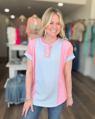 Multicolor Ribbed Button Short Sleeved Top