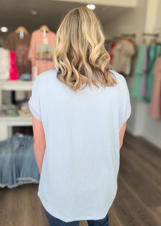 Multicolor Ribbed Button Short Sleeved Top