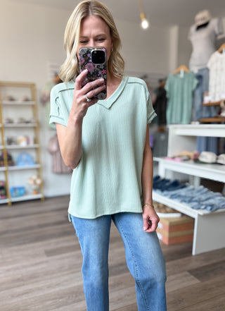 Sage Green V Neck Ribbed Short Sleeved Top