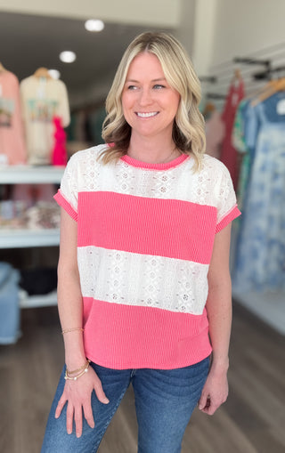 Coral & Lace Ribbed Short Sleeved Top