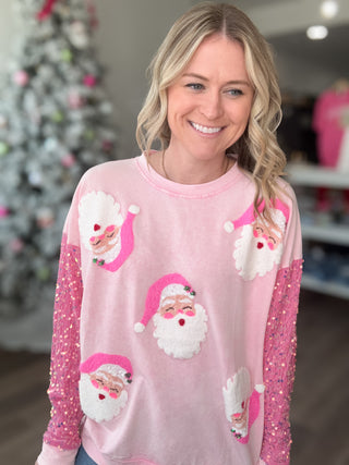 Pink Santa Velvet Sequined Long Sleeved Top