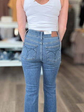 Judy Blue High Rise Double Button Frayed Hem Bootcut Jeans