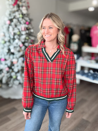 Festive Red Plaid Long Sleeved Collared Blouse