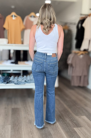 Judy Blue High Rise Double Button Frayed Hem Bootcut Jeans