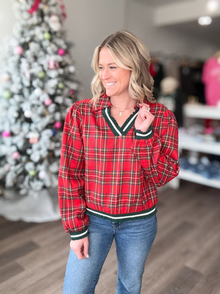 Festive Red Plaid Long Sleeved Collared Blouse