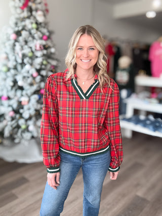 Festive Red Plaid Long Sleeved Collared Blouse