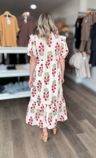 Cream & Burgundy Floral Mid Length Dress
