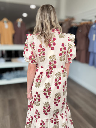 Cream & Burgundy Floral Mid Length Dress