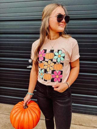 Checkered Pumpkin & Flowers Fall Tee