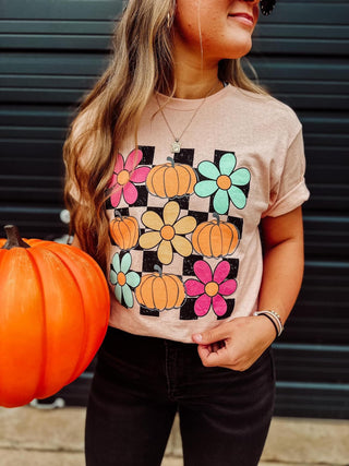 Checkered Pumpkin & Flowers Fall Tee