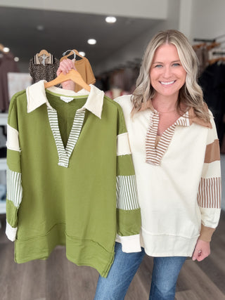 Striped Collared V Neck Sweatshirt