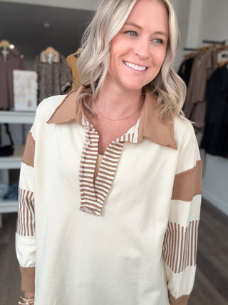 Striped Collared V Neck Sweatshirt