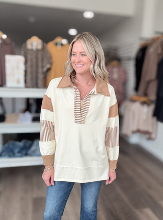 Striped Collared V Neck Sweatshirt