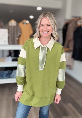 Striped Collared V Neck Sweatshirt
