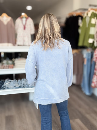 Washed Ribbed Long Sleeved Hi Low Pullover Sweatshirt
