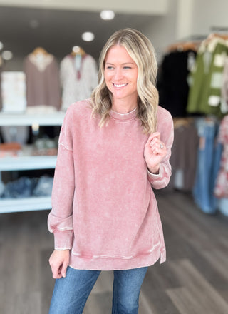 Washed Ribbed Long Sleeved Hi Low Pullover Sweatshirt