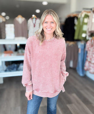 Washed Ribbed Long Sleeved Hi Low Pullover Sweatshirt