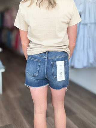 Risen High Rise Side Slit Denim Shorts