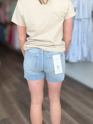 Risen High Rise Side Slit Denim Shorts