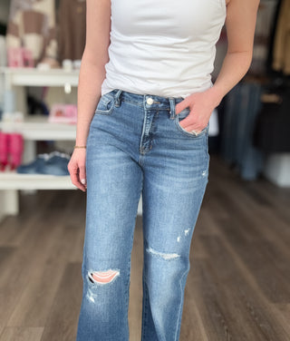 Risen Tummy Control High Rise Straight Leg Distressed Jeans
