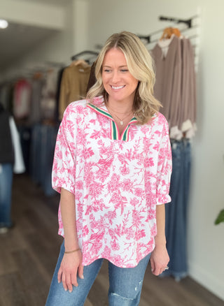 Pink & White Floral & Striped Collared Blouse