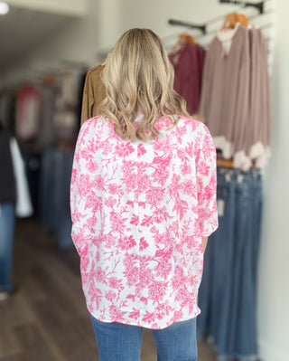 Pink & White Floral & Striped Collared Blouse