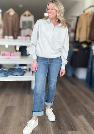 Risen High Rise Stretchy Straight Leg Cuffed Jeans