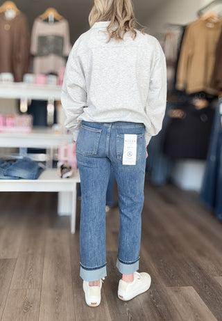 Risen High Rise Stretchy Straight Leg Cuffed Jeans