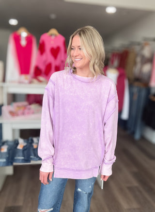 Spring Acid Washed Ribbed Front Slit Pullover