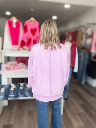 Spring Acid Washed Ribbed Front Slit Pullover