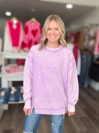 Spring Acid Washed Ribbed Front Slit Pullover