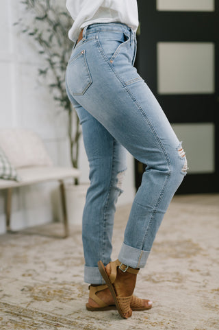 Judy Blue Aiden High Rise Patch Pocket Distressed Boyfriend Jeans