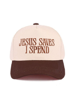 JESUS SAVES I SPEND HAT BROWN