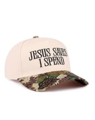 JESUS SAVES I SPEND HAT BROWN CAMO