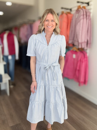 Navy Blue & White Striped Dress with Tie Waist