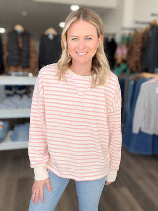 Pink & Cream Striped Long Sleeved Top