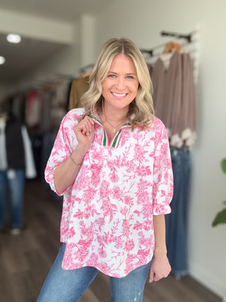 Pink & White Floral & Striped Collared Blouse