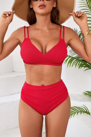 Red Textured High Waisted Bikini