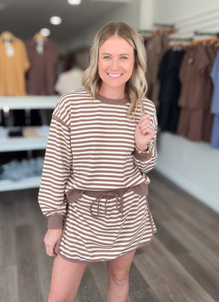 Striped Mocha Long Sleeved Top & Skort Set Entro Brand