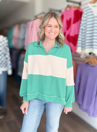 Teal & Tan Collared Long Sleeved Top