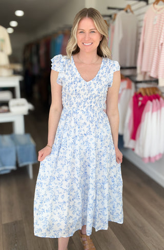 White & Blue Floral V Neck Smocked Dress