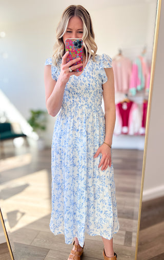 White & Blue Floral V Neck Smocked Dress 2