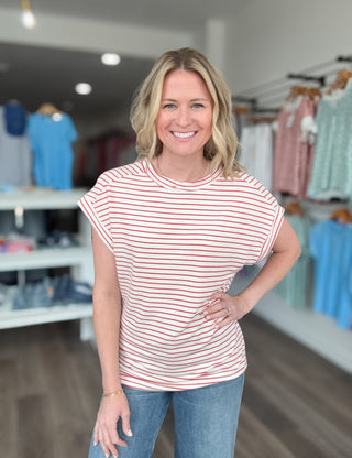 White & Red Striped Short Sleeved Top